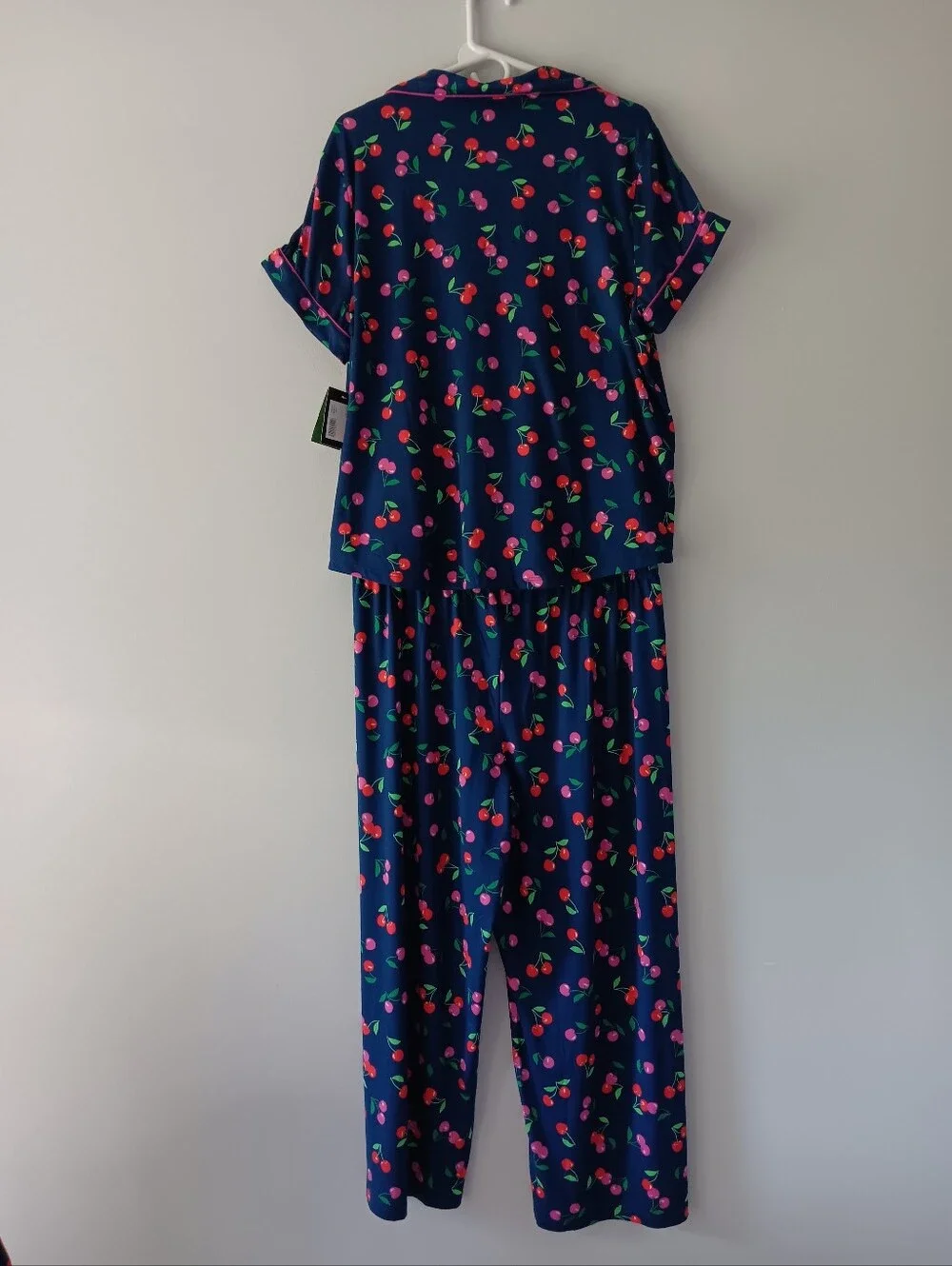 Kate Spade Short Sleeve Pajama Pant Set 2 Pc Red Pink Cherries Indigo Blue XL